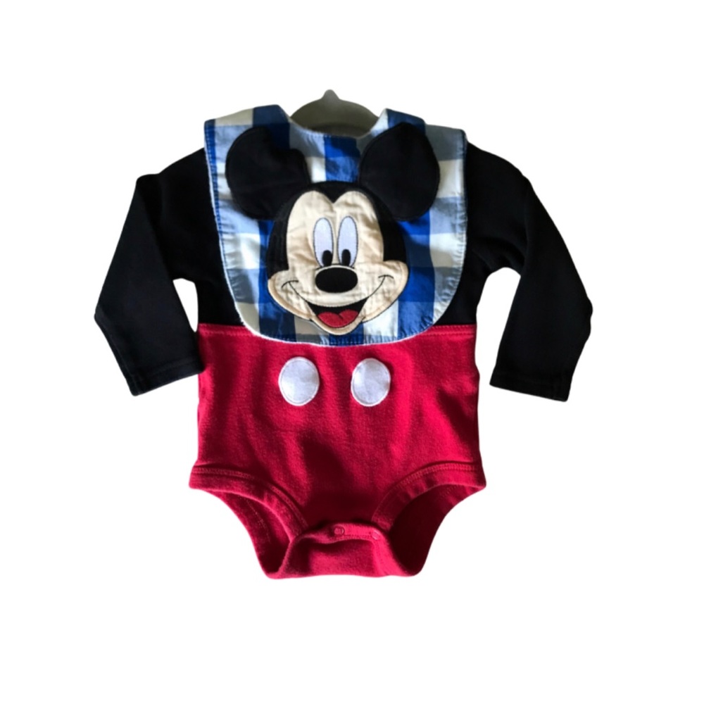 Mickey Mouse 6/9 month onsie w/ black 6/9 month beanie w/ ears & Mickey bib